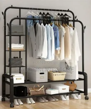 Double-Rail Clothes Rack With Integrated Storage Shelves