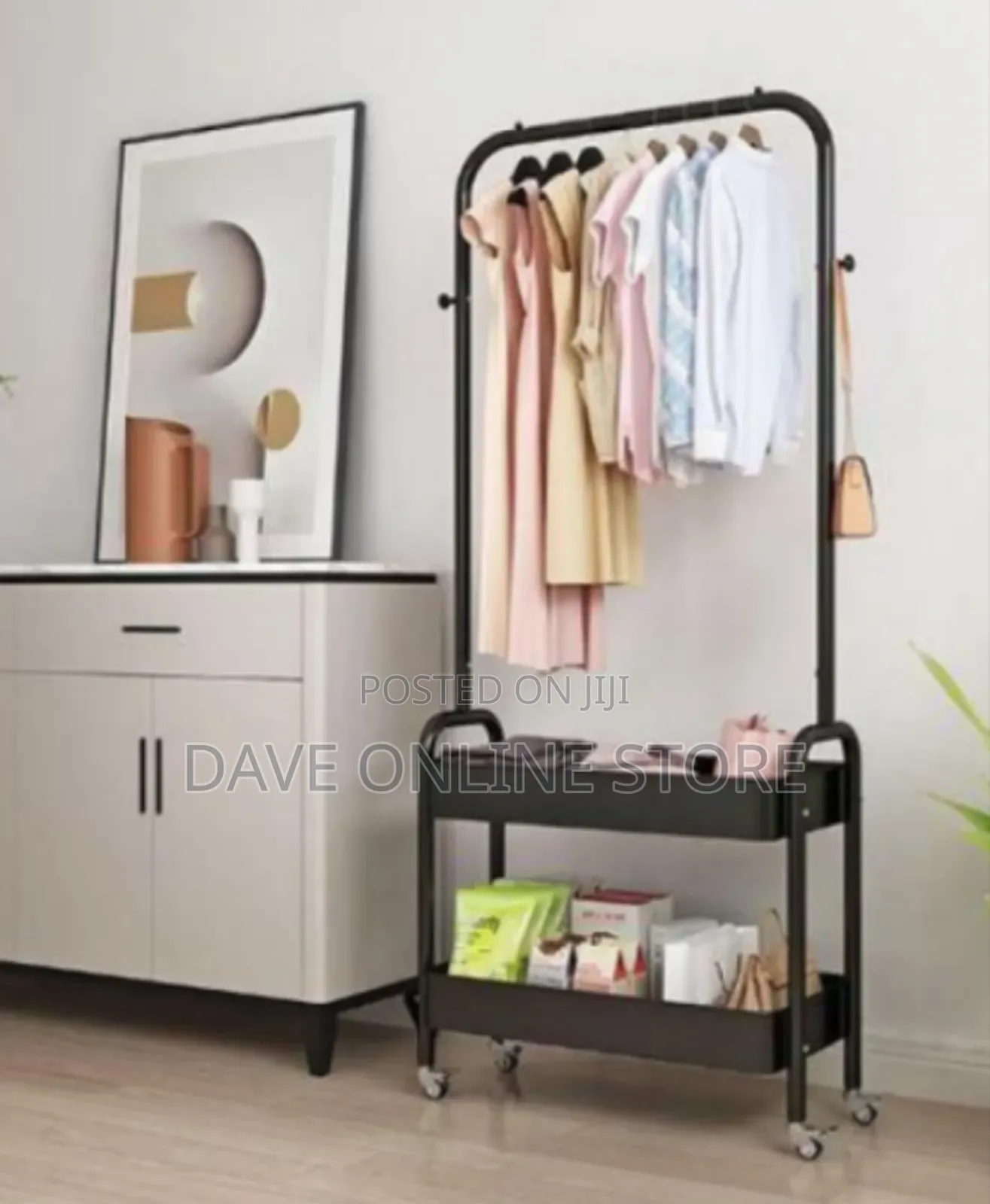 Multi-Functional Mobile Garment Rack With Two-Tier Storage Trolley