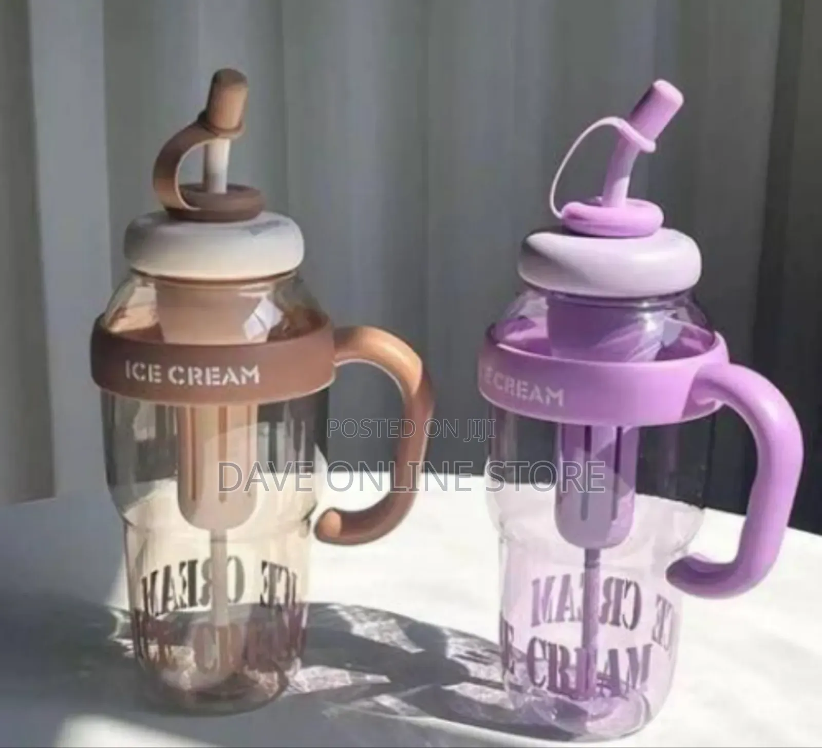 Charming Ice Cream Style Portable Drinking Jar With Handle and Straw