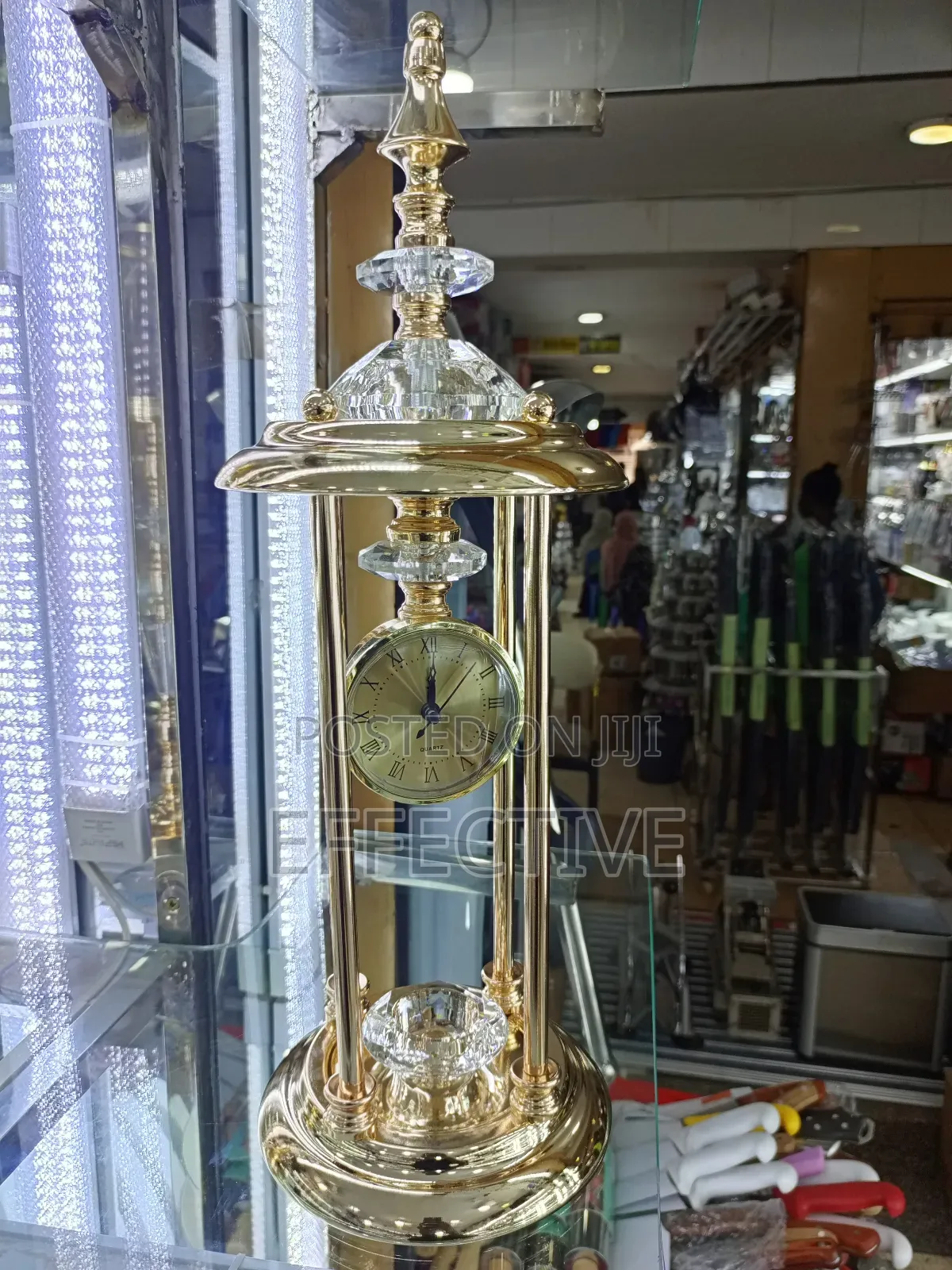 Decorative Gold-Toned Metal and Crystal Table Clock Centerpiece.