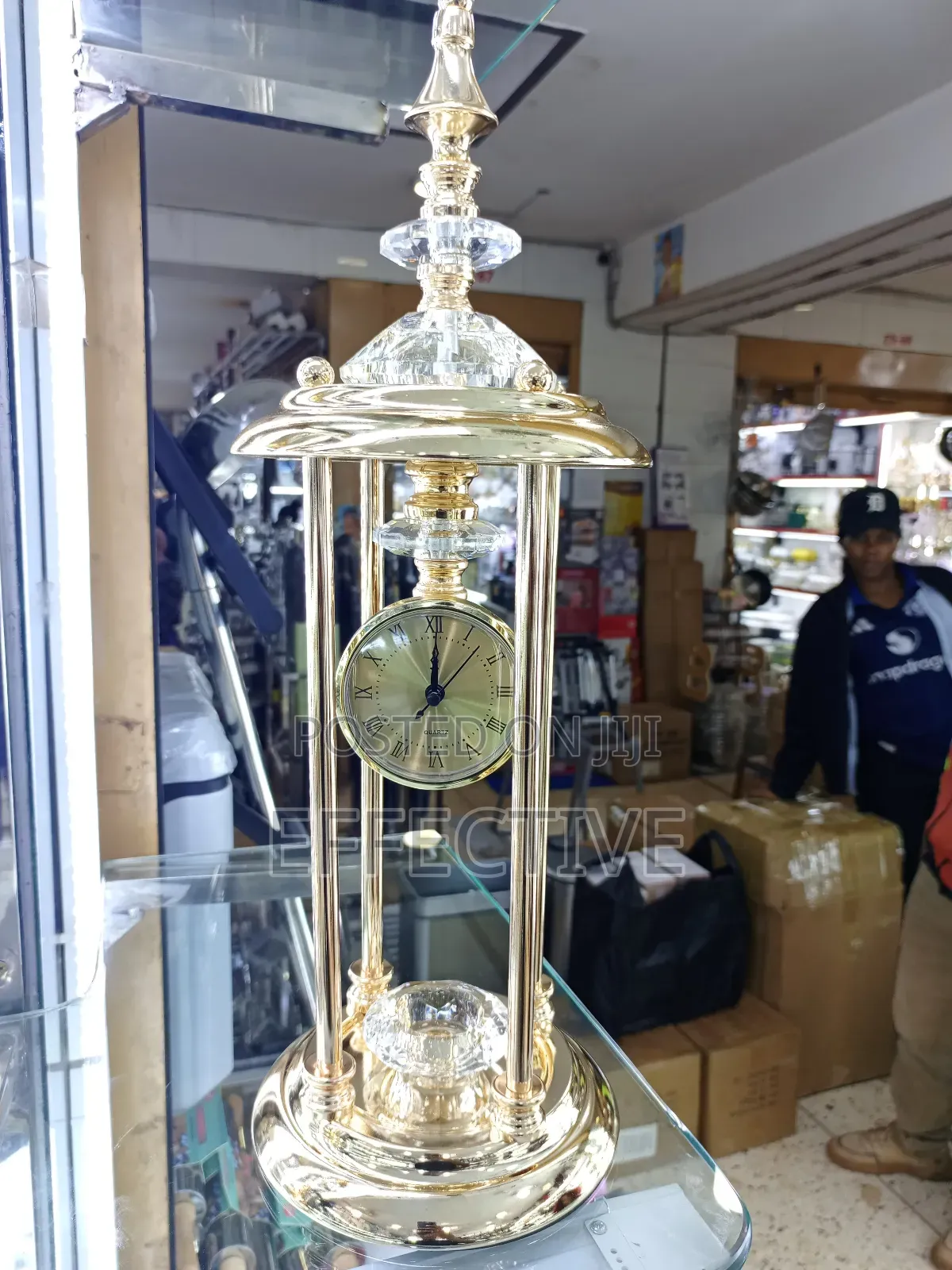 Decorative Gold-Toned Metal and Crystal Table Clock Centerpiece.