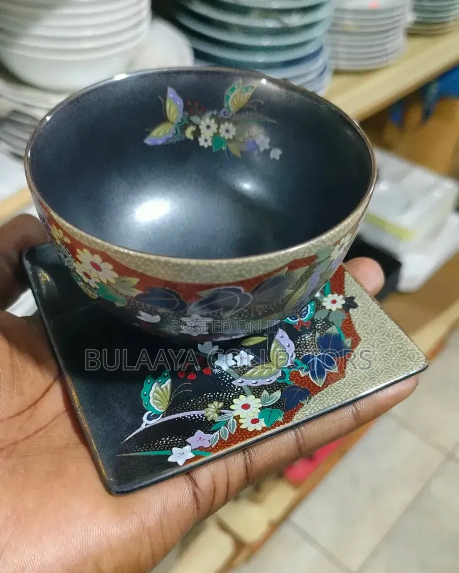 Japanese Ceramic Tea Set Featuring a Bowl and Square Saucer.