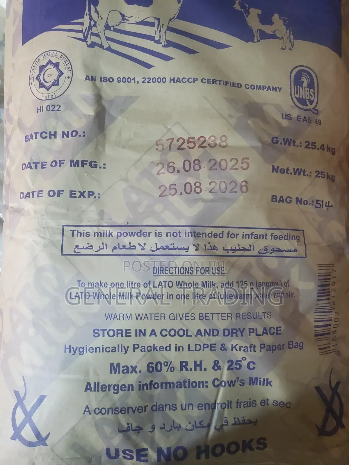 Lato Milk Powder 25kgs at 410,000shs Per Bag