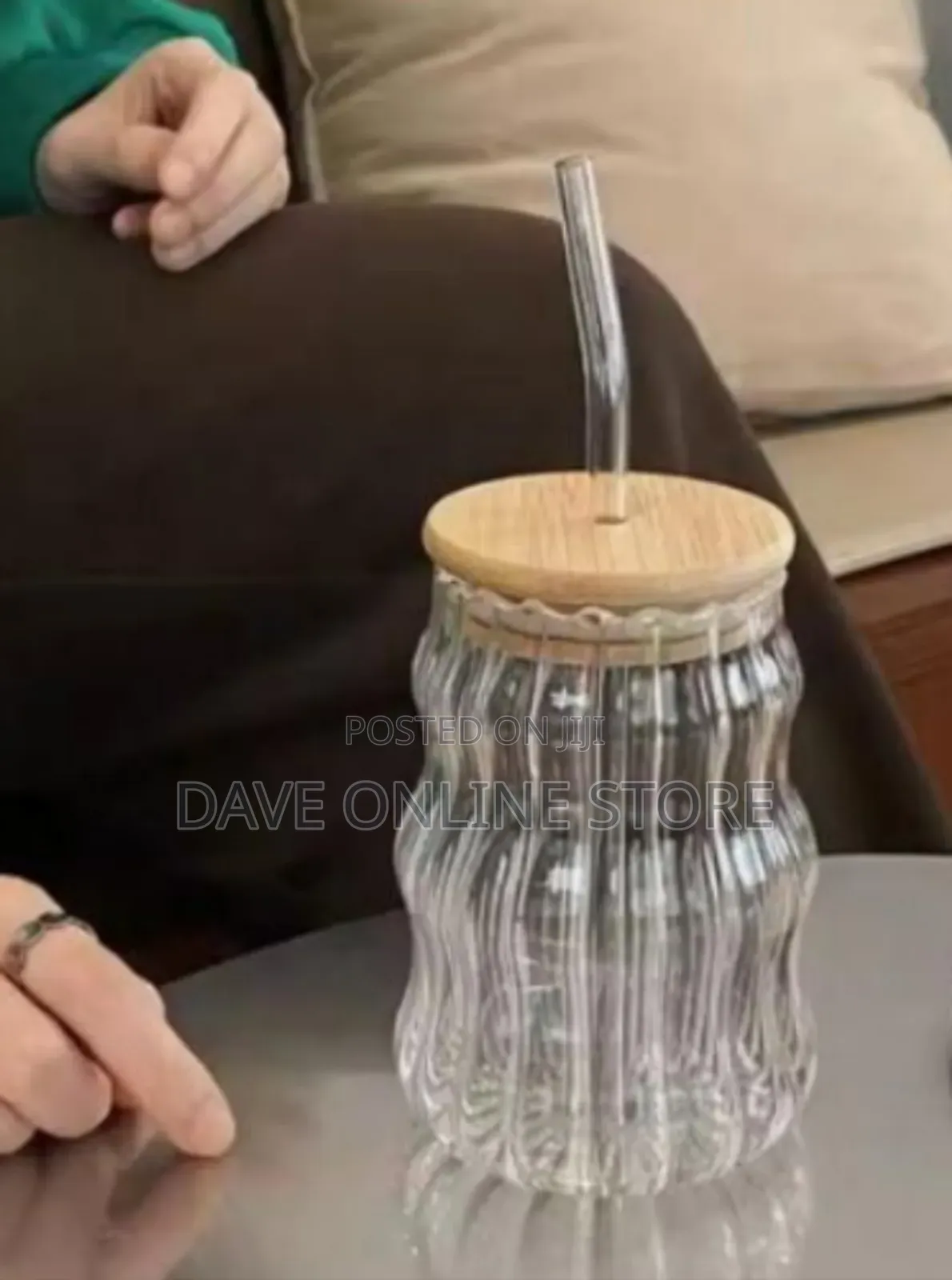 Wave Ripple Glass Drinking Tumbler With Wooden Lid and Glass Straw