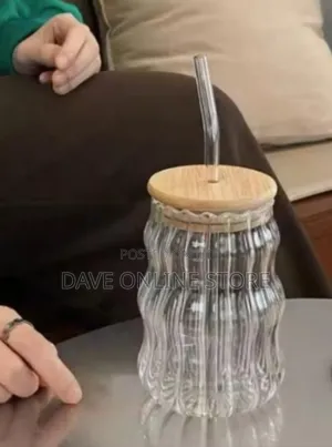 Wave Ripple Glass Drinking Tumbler With Wooden Lid and Glass Straw