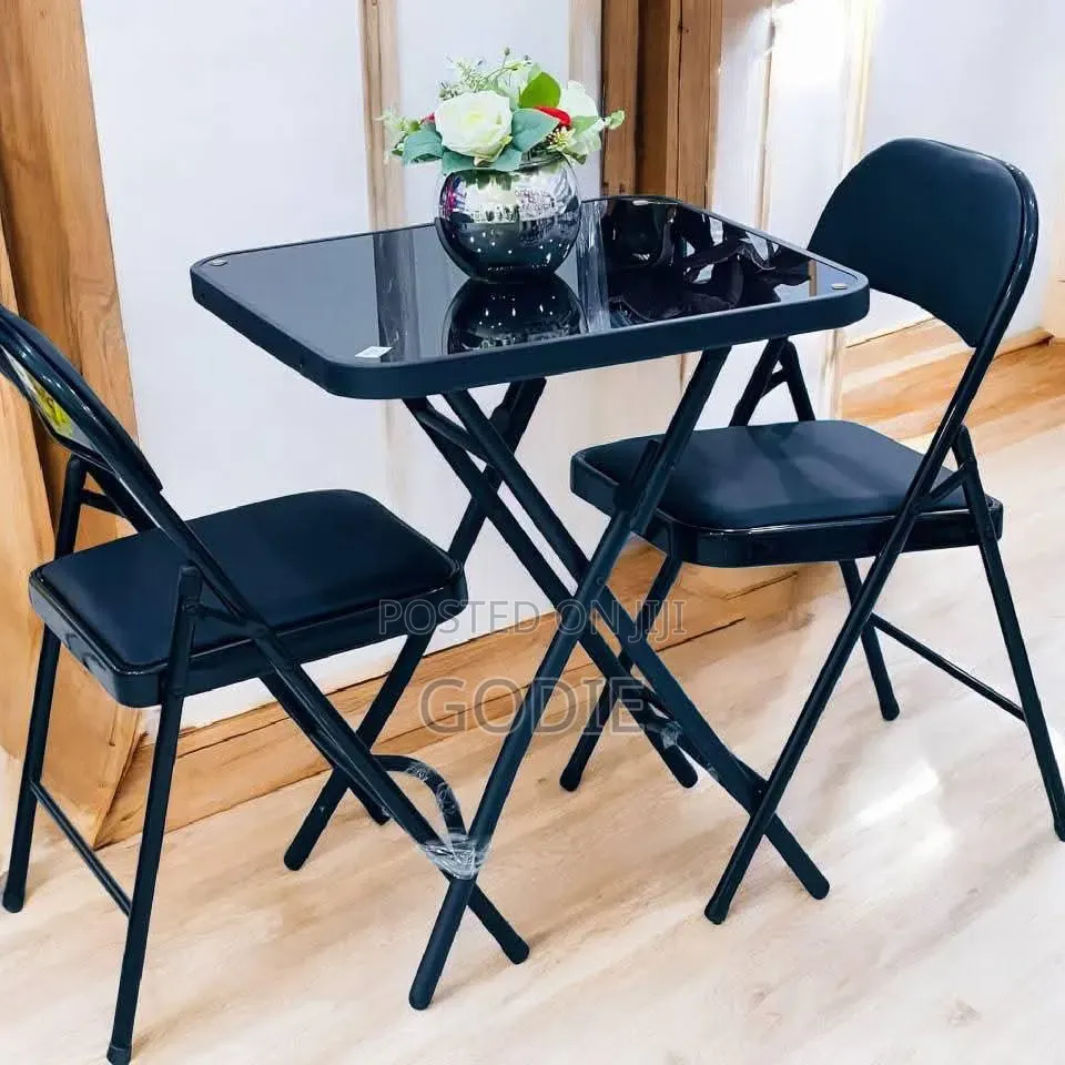 Modern Black Foldable Glass Table and Chair Set.