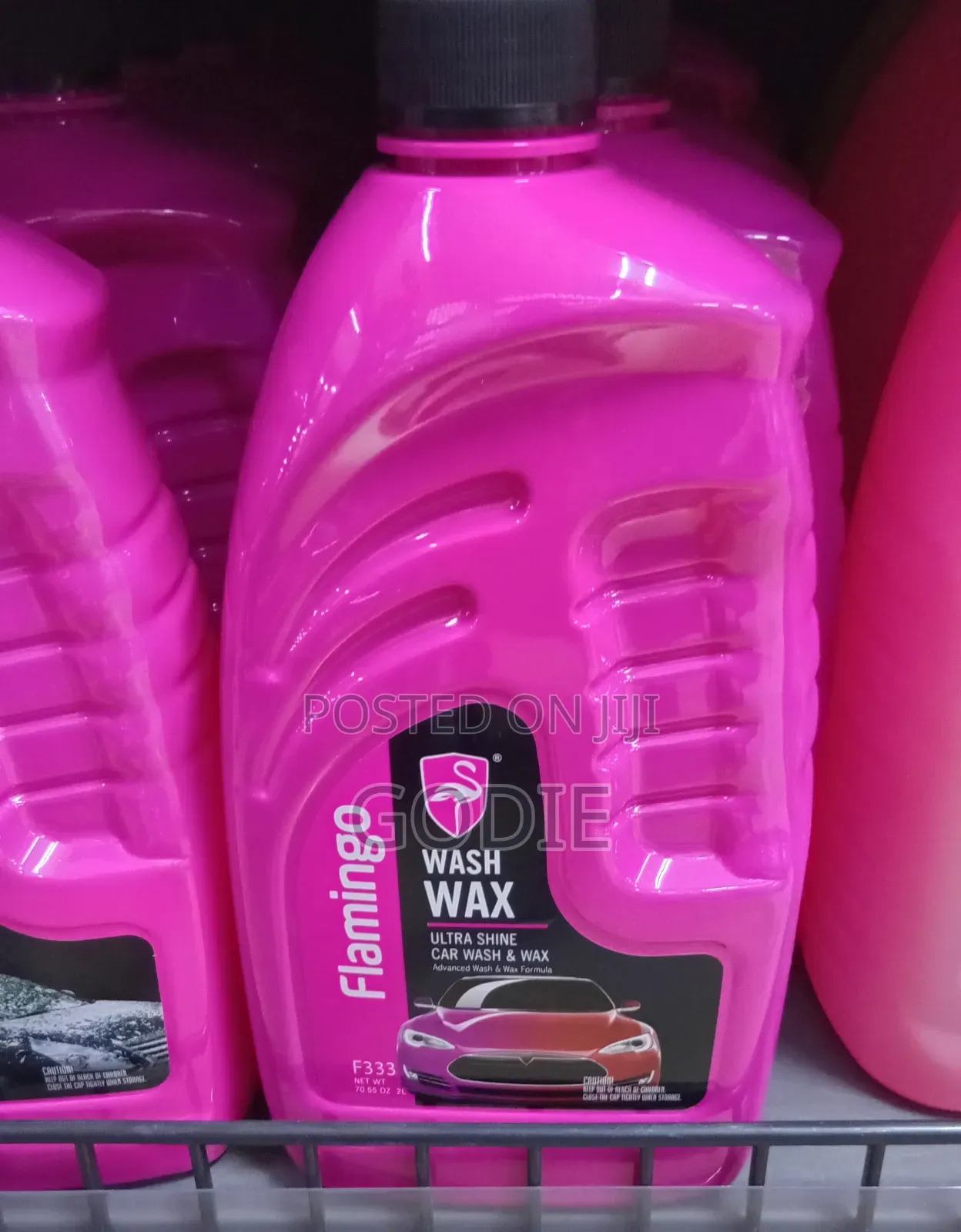 2-Liter Bottle of Flamingo Wash Wax Car Shampoo.