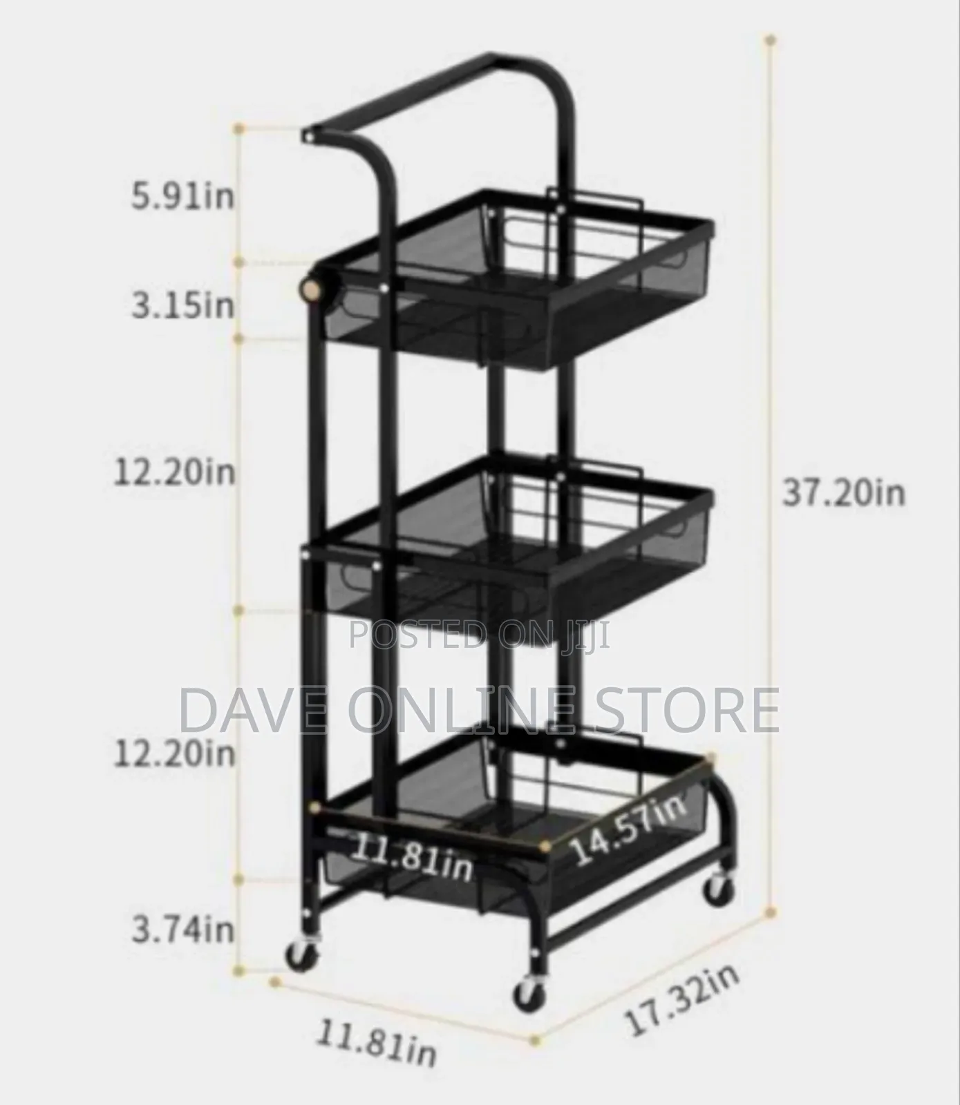 Foldable 3-Tier Rolling Utility Cart With Mesh Baskets Convertible