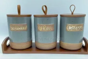 Rustic Kitchen Canister Set With Wooden Tray (Sugar, Tea, Coffee)