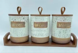 Rustic Kitchen Canister Set With Wooden Tray (Sugar, Tea, Coffee)