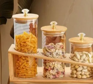 Elegant Three-Piece Diamond-Top Glass Storage Set With Bamboo Stand