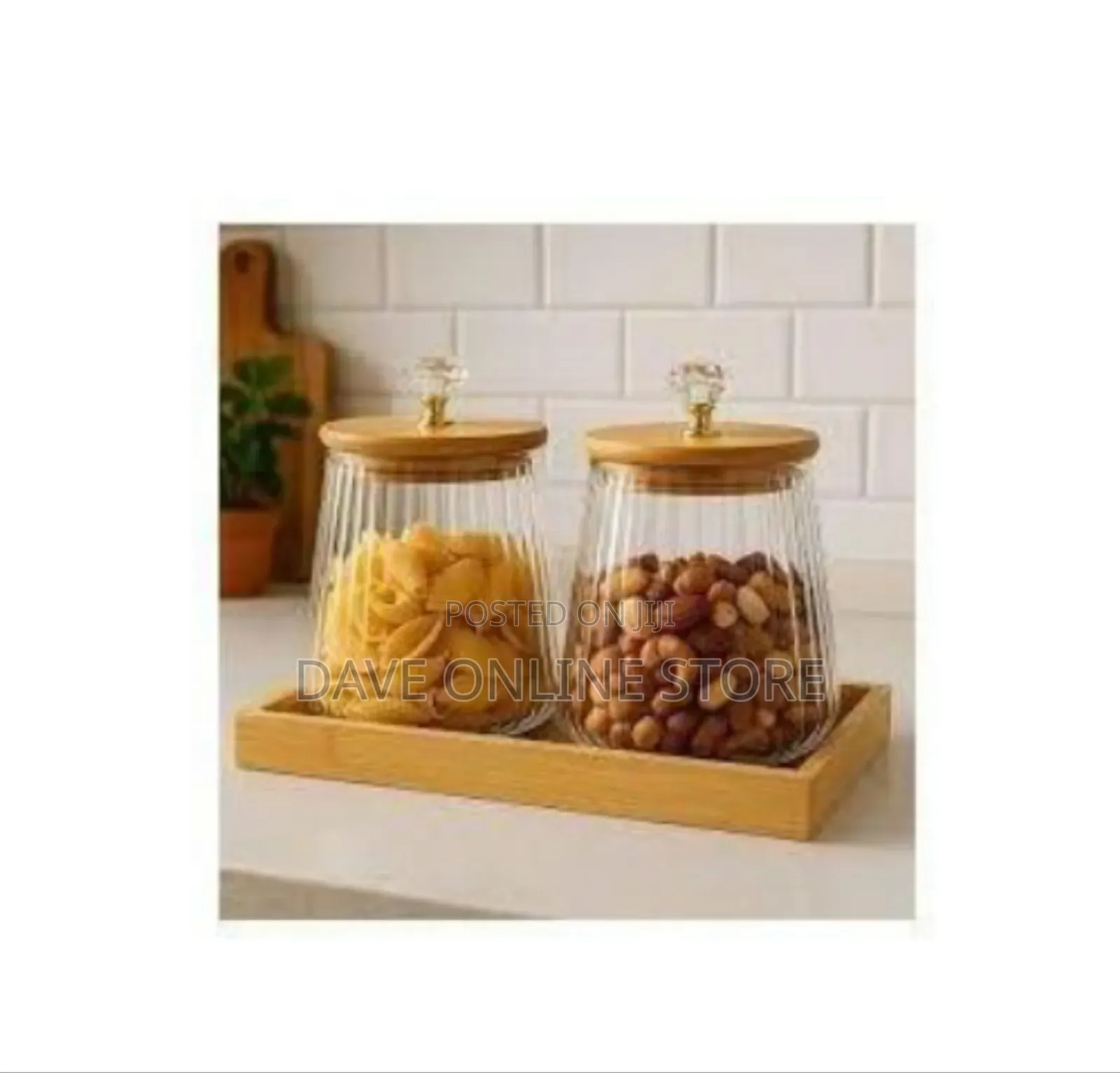 Set of Two Fluted Glass Storage Jars With Bamboo Tray and Crystal