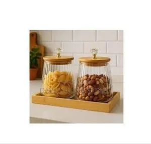 Set of Two Fluted Glass Storage Jars With Bamboo Tray and Crystal
