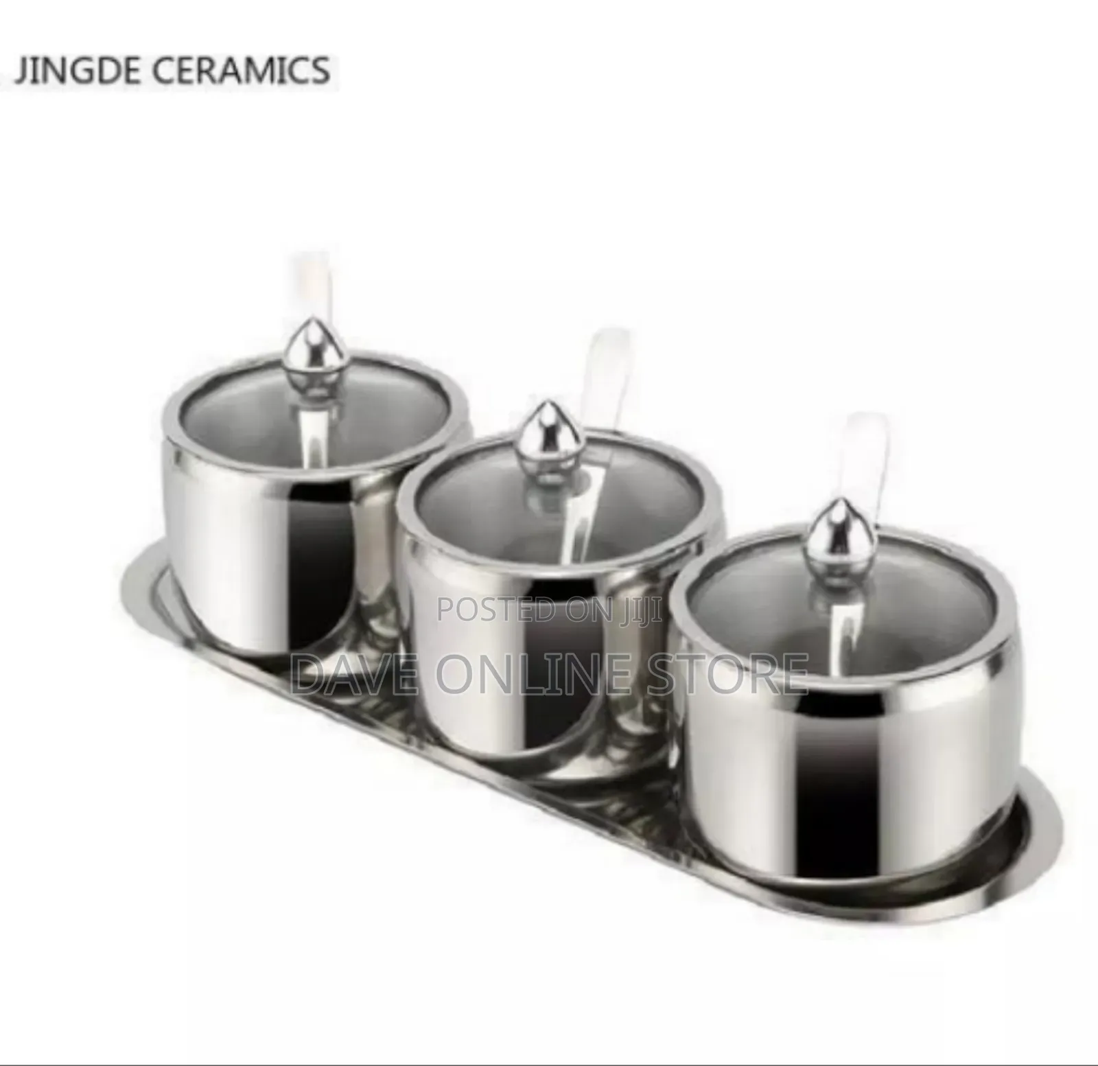 3-Piece Stainless Steel Spice Jar Set With Serving Tray