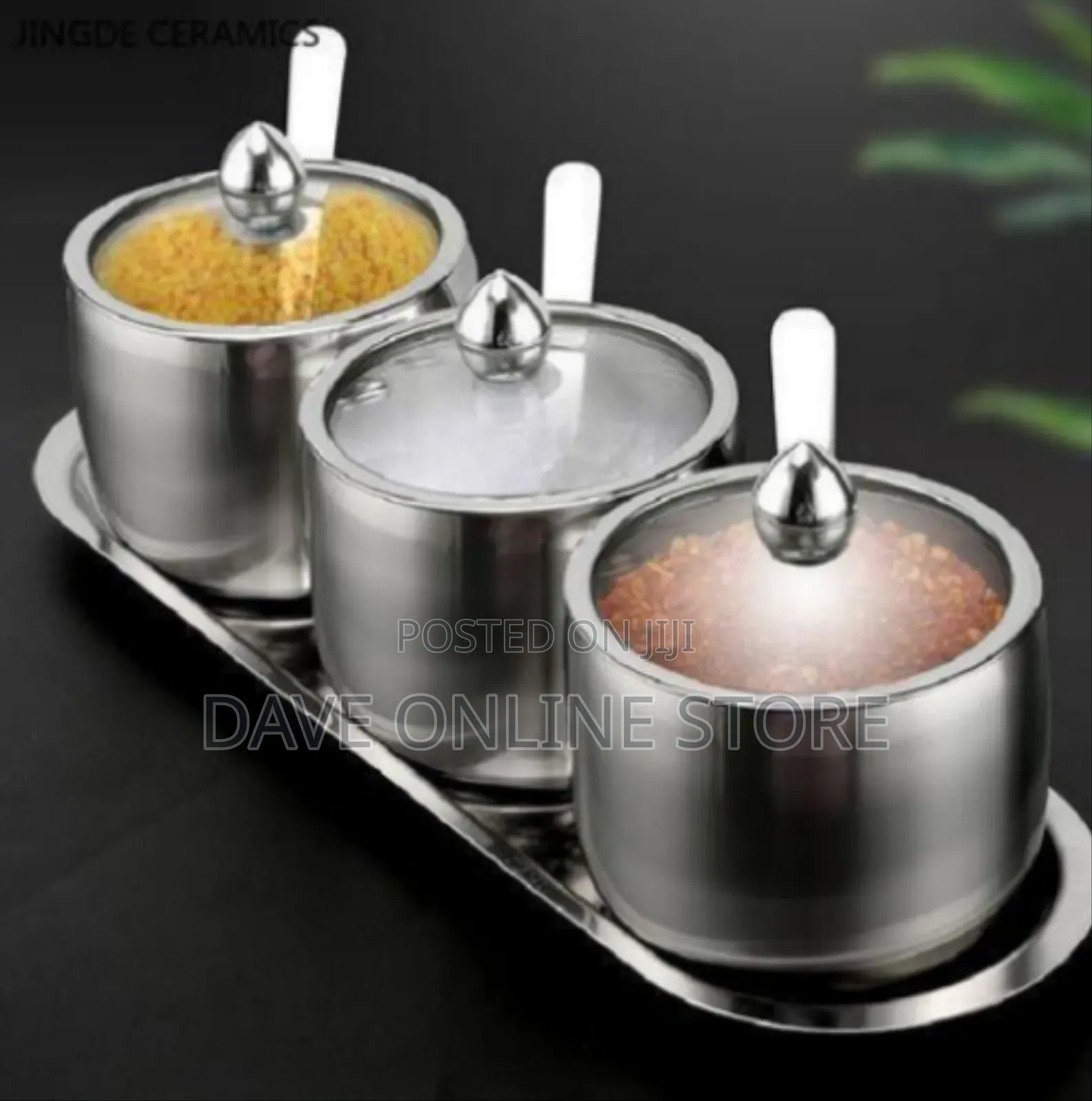 3-Piece Stainless Steel Spice Jar Set With Serving Tray