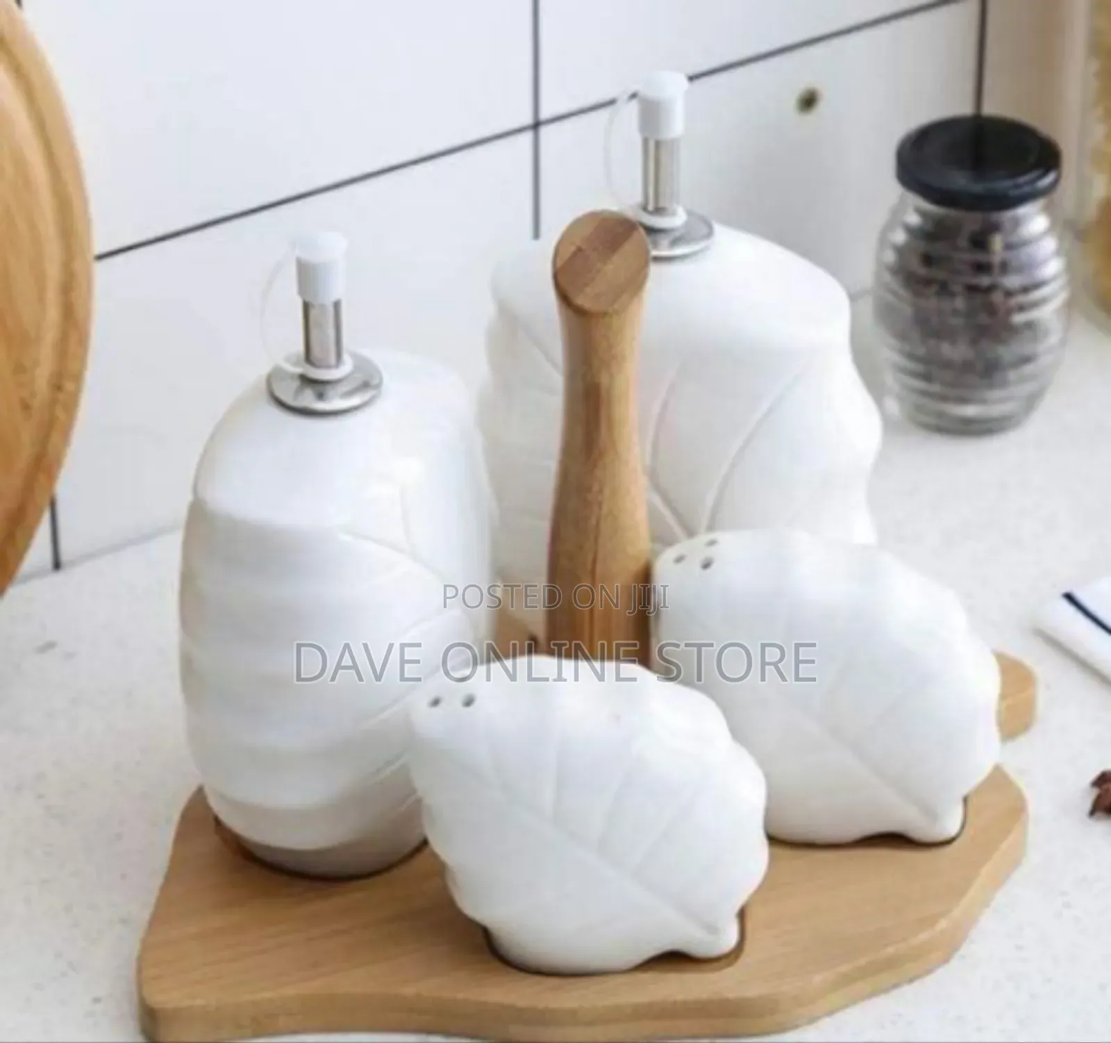 Elegant Ceramic Cruet and Shaker Set With Wooden Caddy