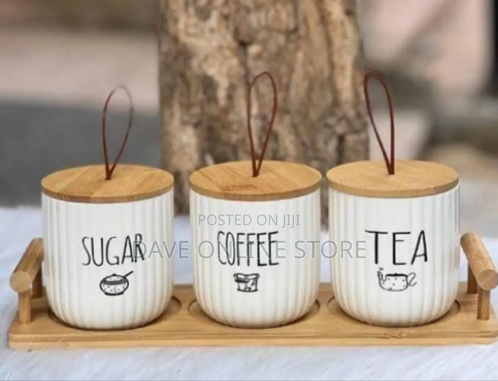 Ceramic Sugar, Coffee, and Tea Canister Set With Wooden Tray and Lids