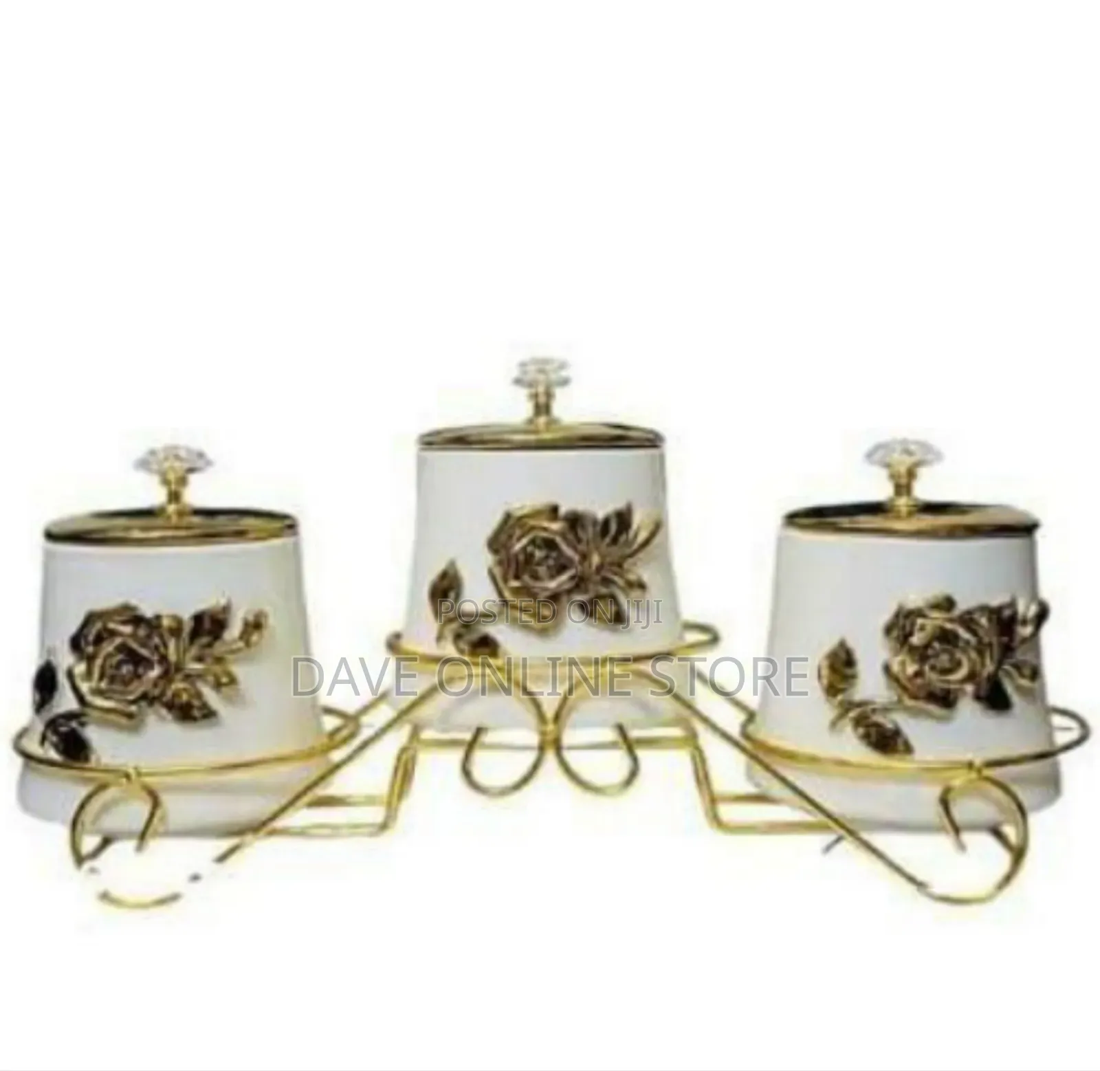 Elegant 3-Piece Ceramic Canister Set With Gold Floral Embellishments