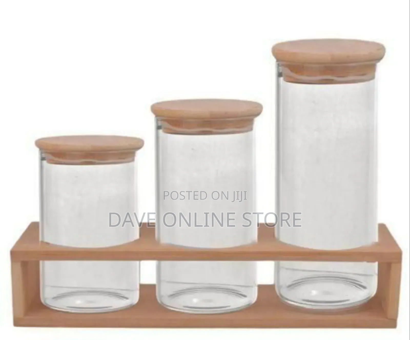 Cylindrical Glass Canister Set With Wooden Lids and Display Rack