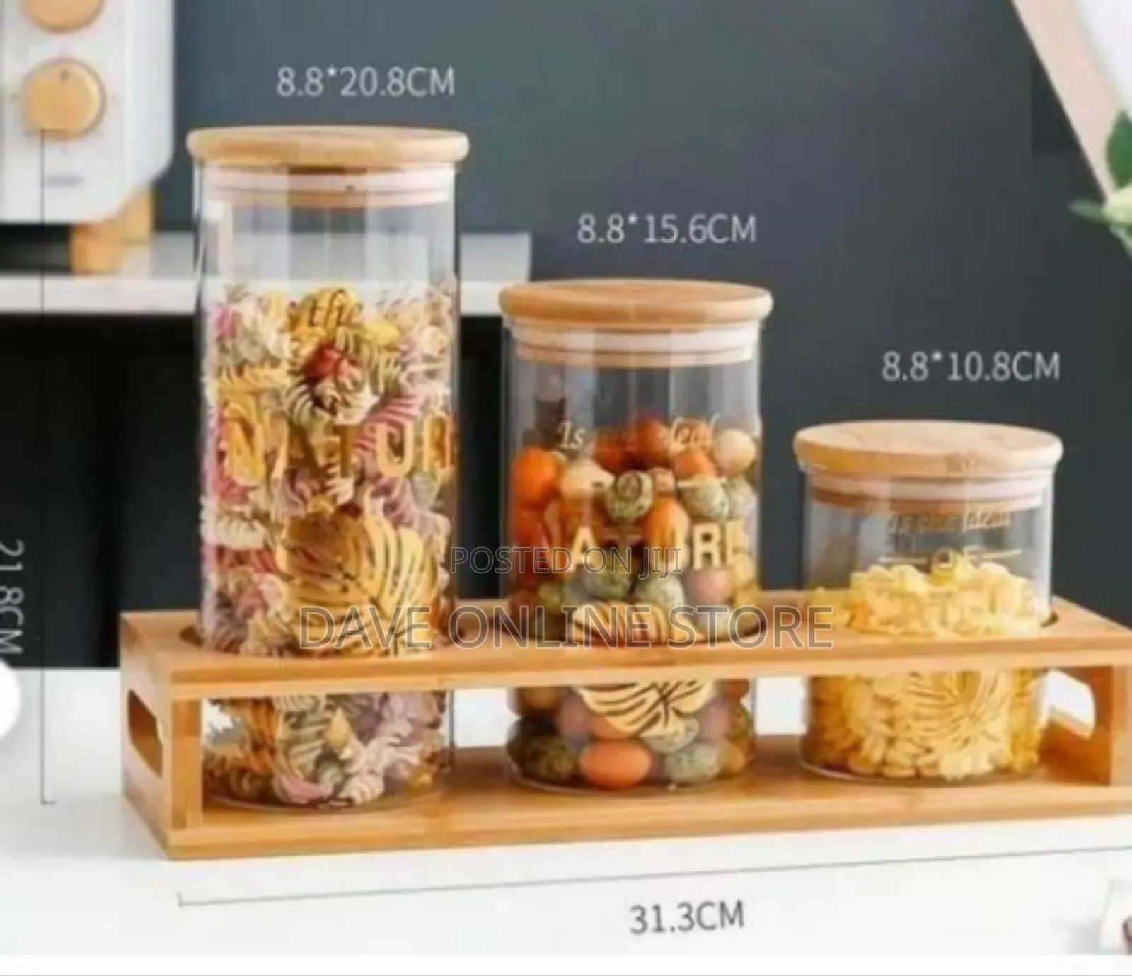 Cylindrical Glass Canister Set With Wooden Lids and Display Rack
