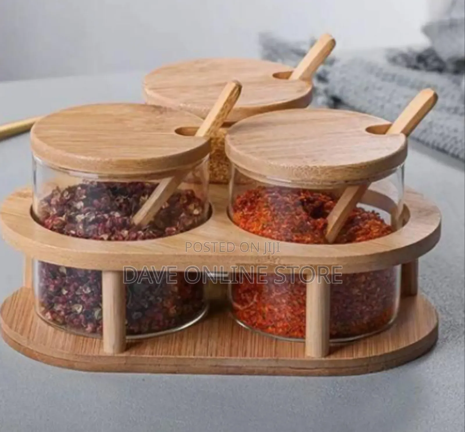3-Piece Rotating Condiment Set With Clear Jars and Wooden Accessories