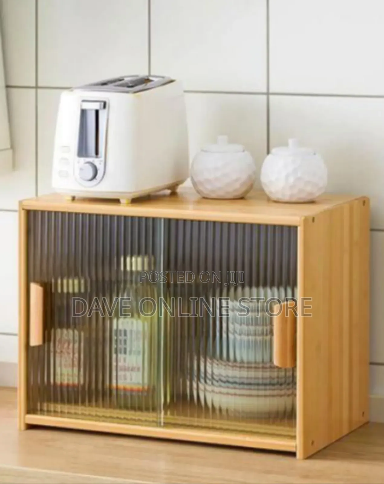 Elegant Wooden Countertop Storage Cabinet With Fluted Glass Door