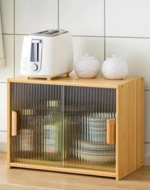 Elegant Wooden Countertop Storage Cabinet With Fluted Glass Door