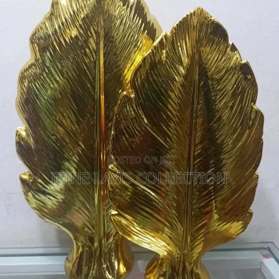 2-piece Set Of Gold Electroplated Ceramic Leaf Vases.