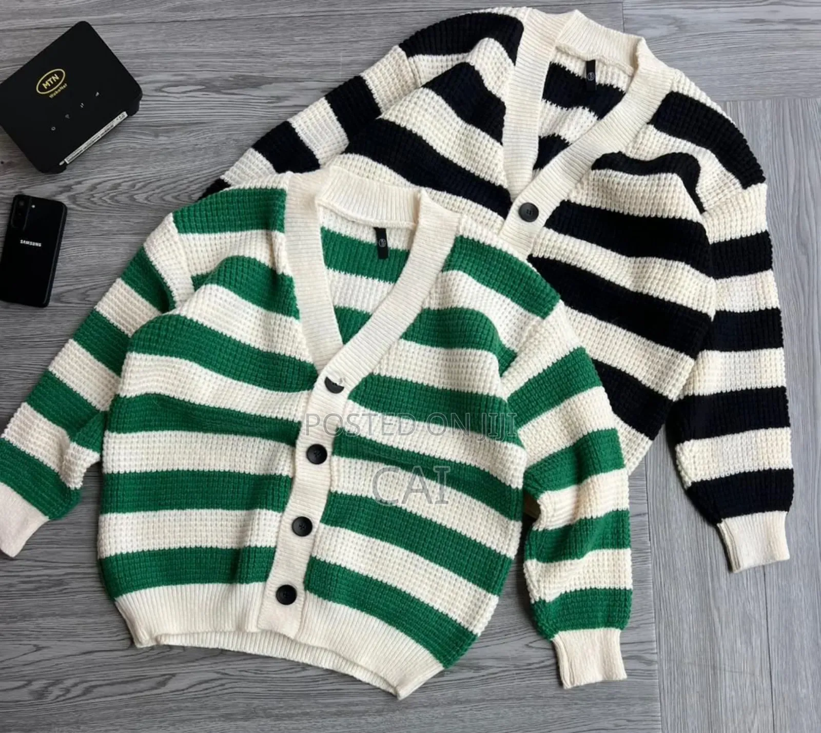 Striped v-Neck Button-Down Knit Cardigans
