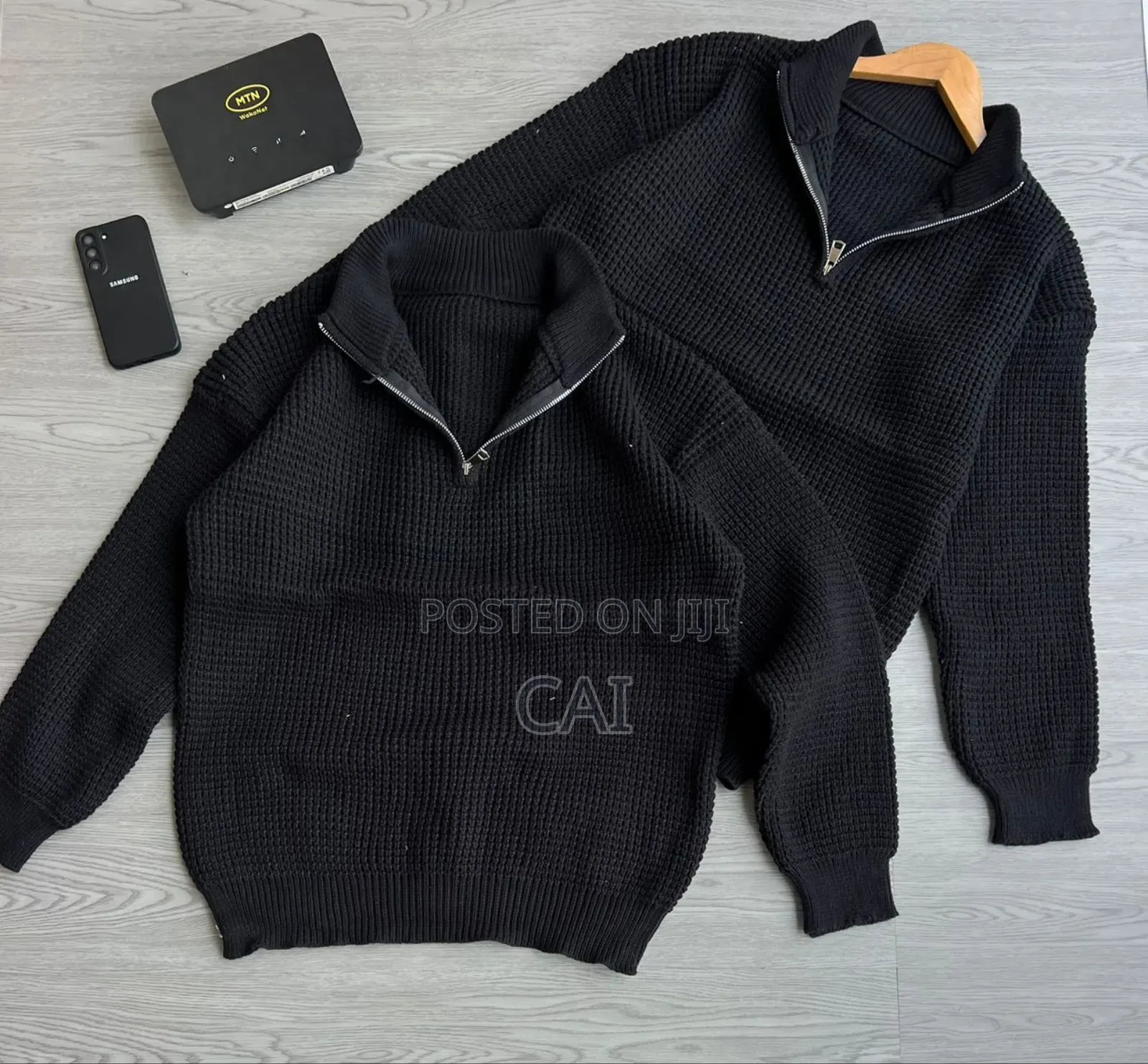 Generic Unisex Waffle-Knit Quarter-Zip Sweaters.