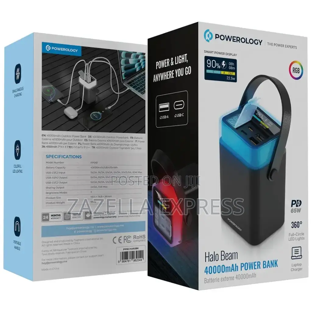 Powerology Halo Beam 40000mah Power Bank 65w With RGB Light Torch