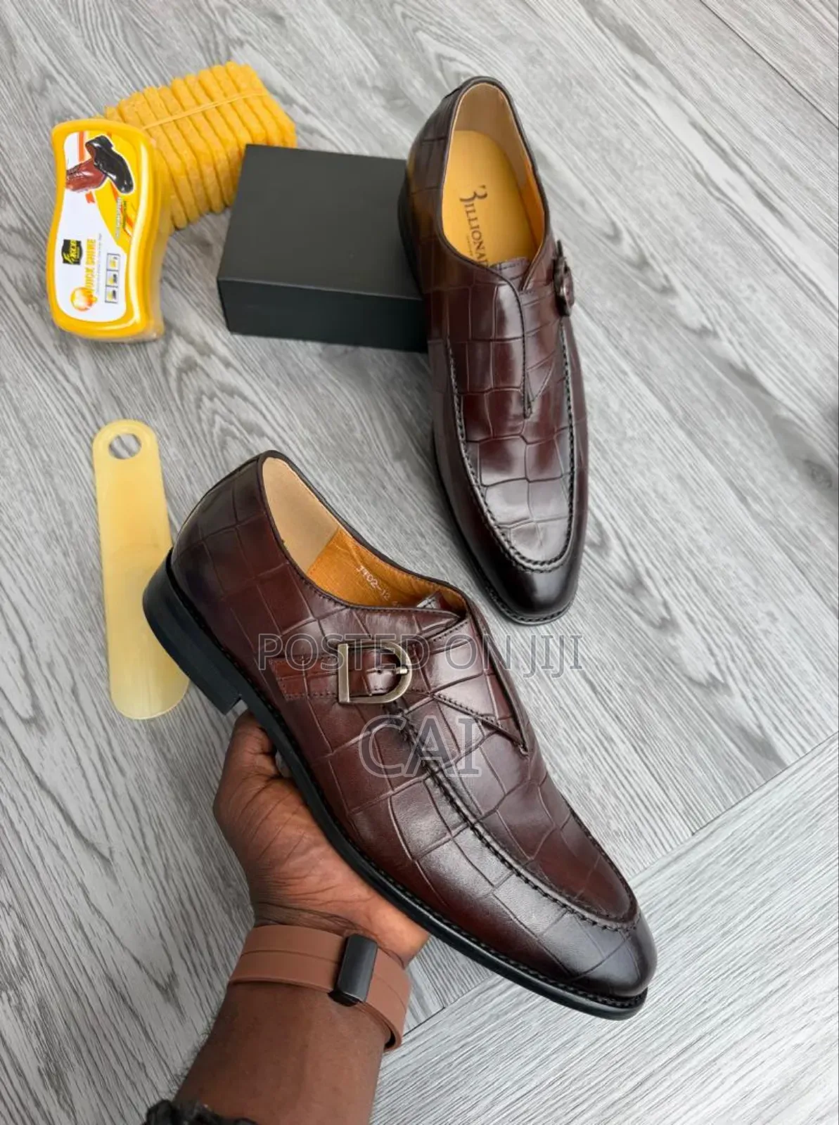 Brown Billionaire Brand Crocodile Embossed Leather Monk Strap Shoes.