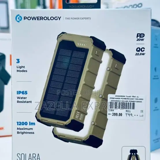 Powerology 20000mah Solar Power Bank Ip66 Water Resistant Pd22.5w