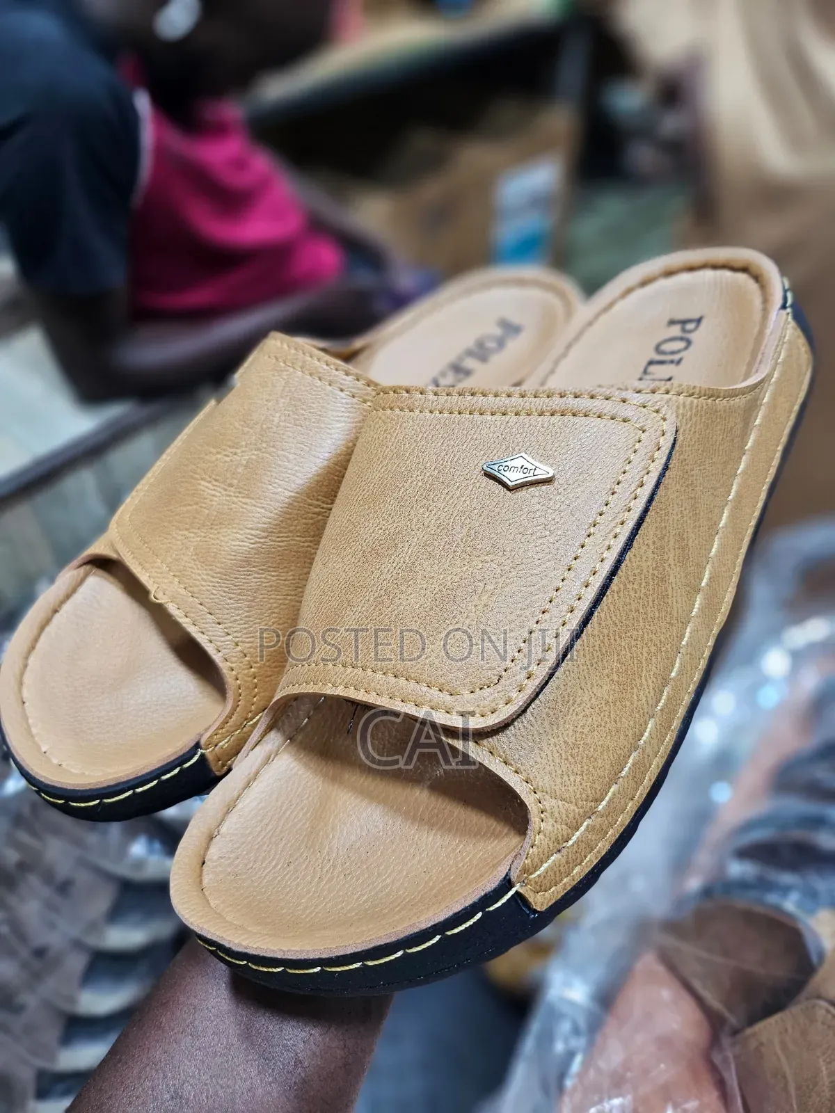 Polex Brand Men's Comfortable Leather Slides Brown, Tan.