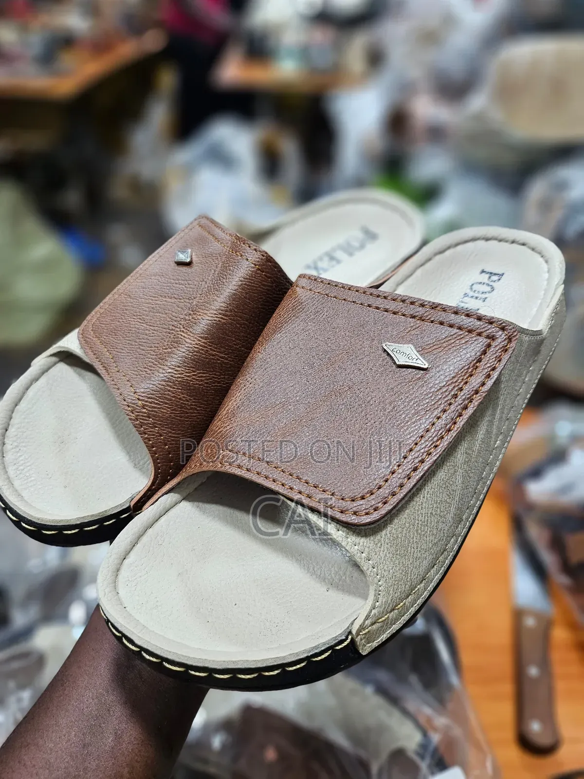 Polex Brand Men's Comfortable Leather Slides Brown, Tan.