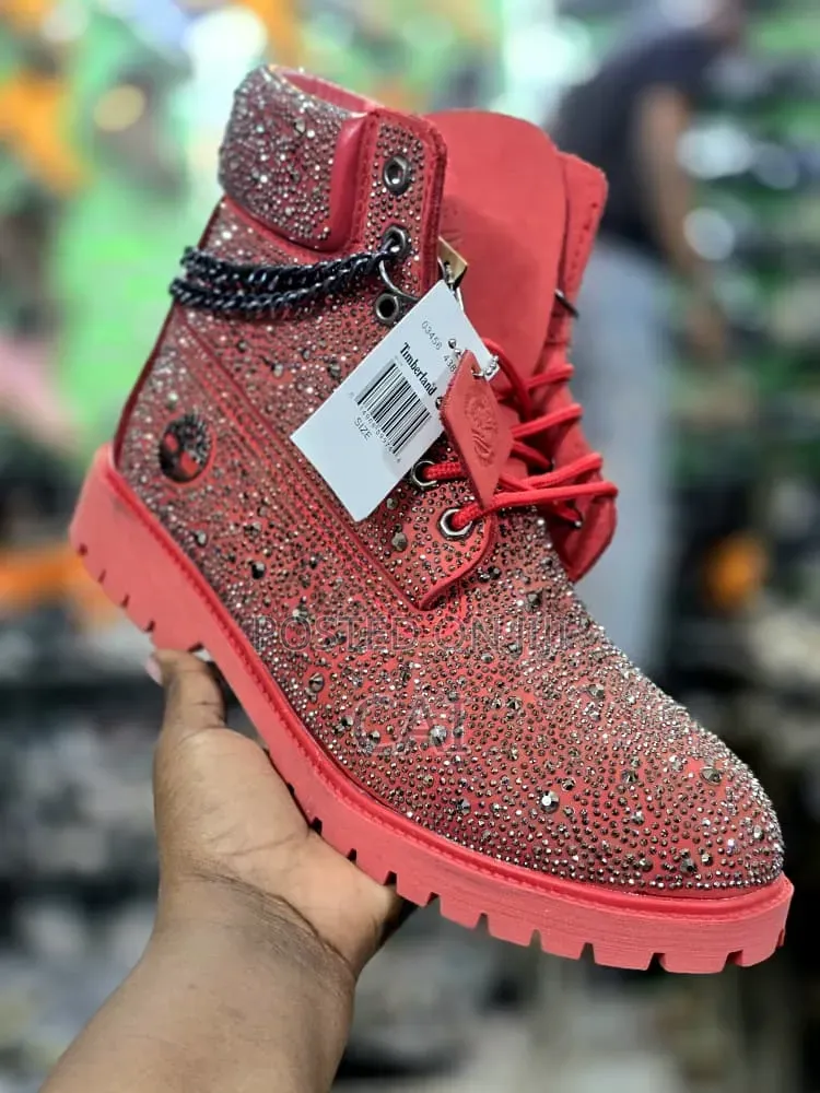 Timberland Boots Customized With Rhinestones. Red, Yellow