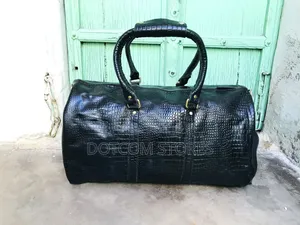 Black Crocodile-Embossed Faux Leather Duffel Travel Bag.
