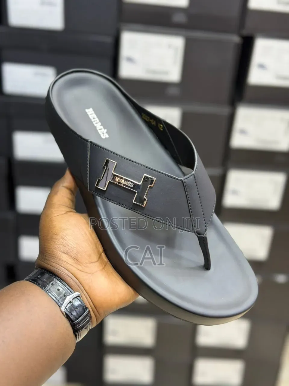 Black, Green Hermes-Style Thong Sandals
