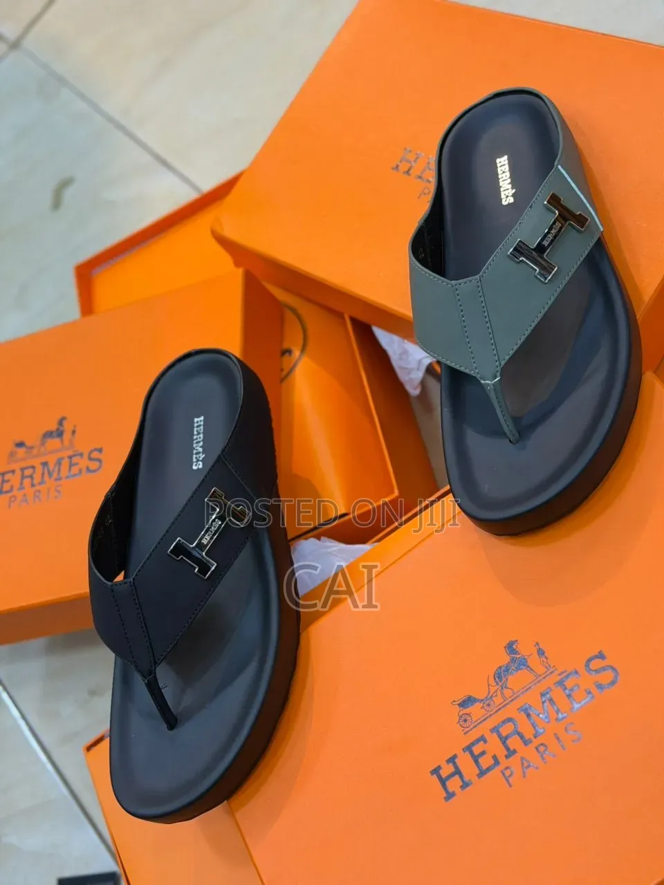 Black, Green Hermes-Style Thong Sandals