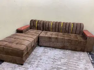 Brown, Velvet‐Upholstered L‐Shaped Sectional Sofa
