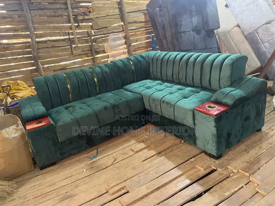 A Green Velvet L-Shaped Sectional Sofa