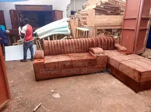 Brown, Velvet‐Upholstered L‐Shaped Sectional
