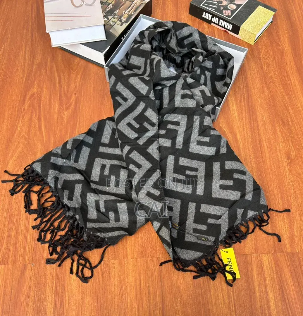 Fendi Ff Logo-Pattern Cashmere Scarf in Grey and Black.