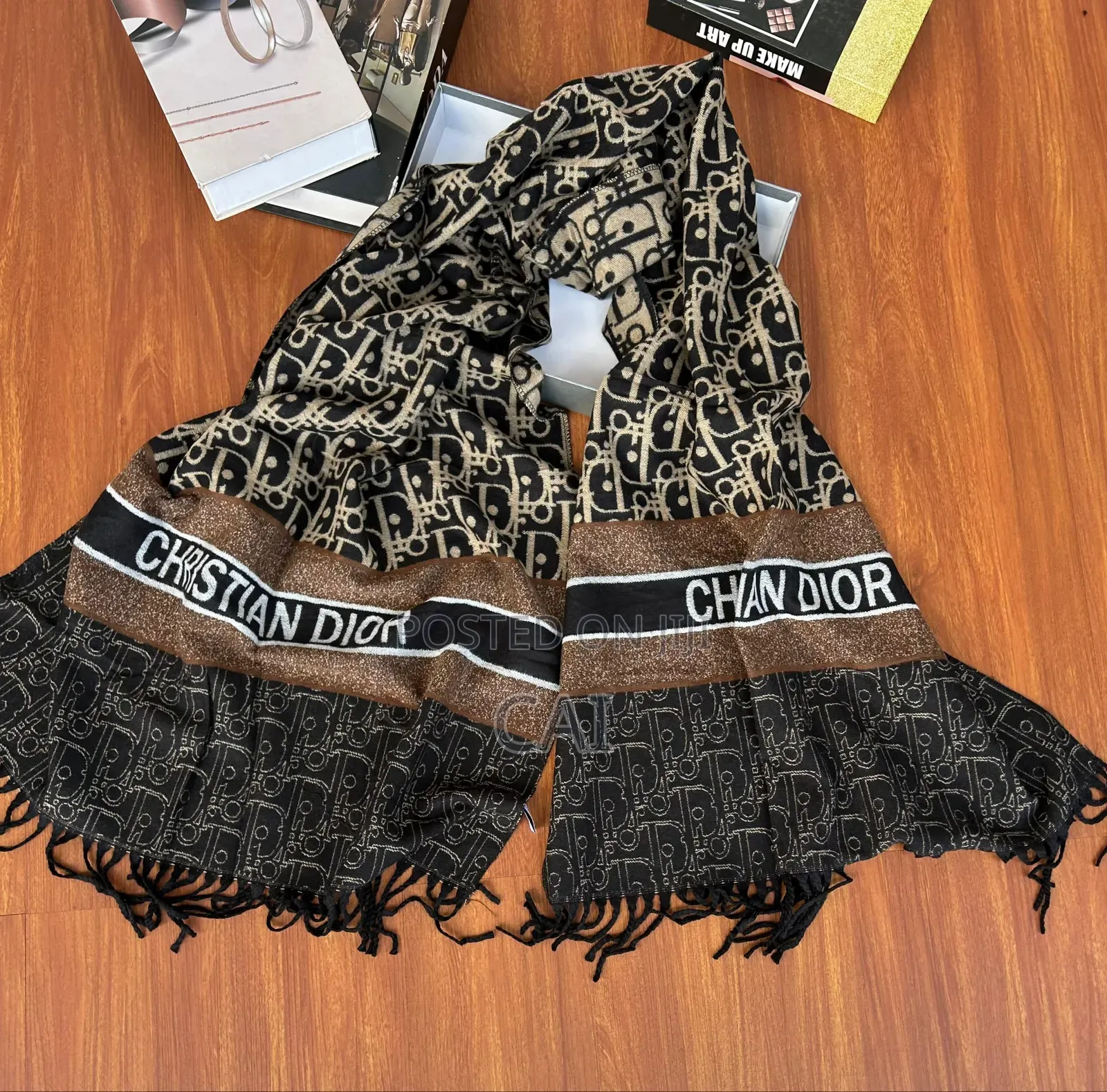 Christian Dior Oblique Scarf in Black and Beige.
