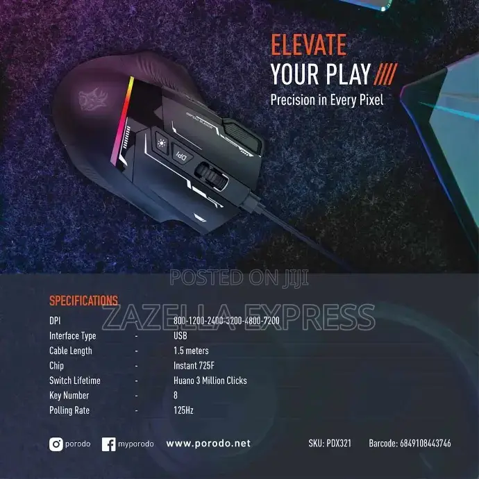 Porodo Gaming 8d RGB Wired Mouse With 7200 Dpi Sensitivity,