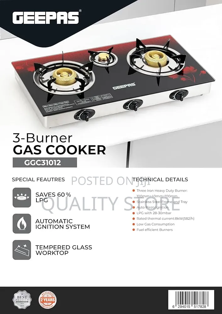 Geepas 3- Burners Gas Plate Glass