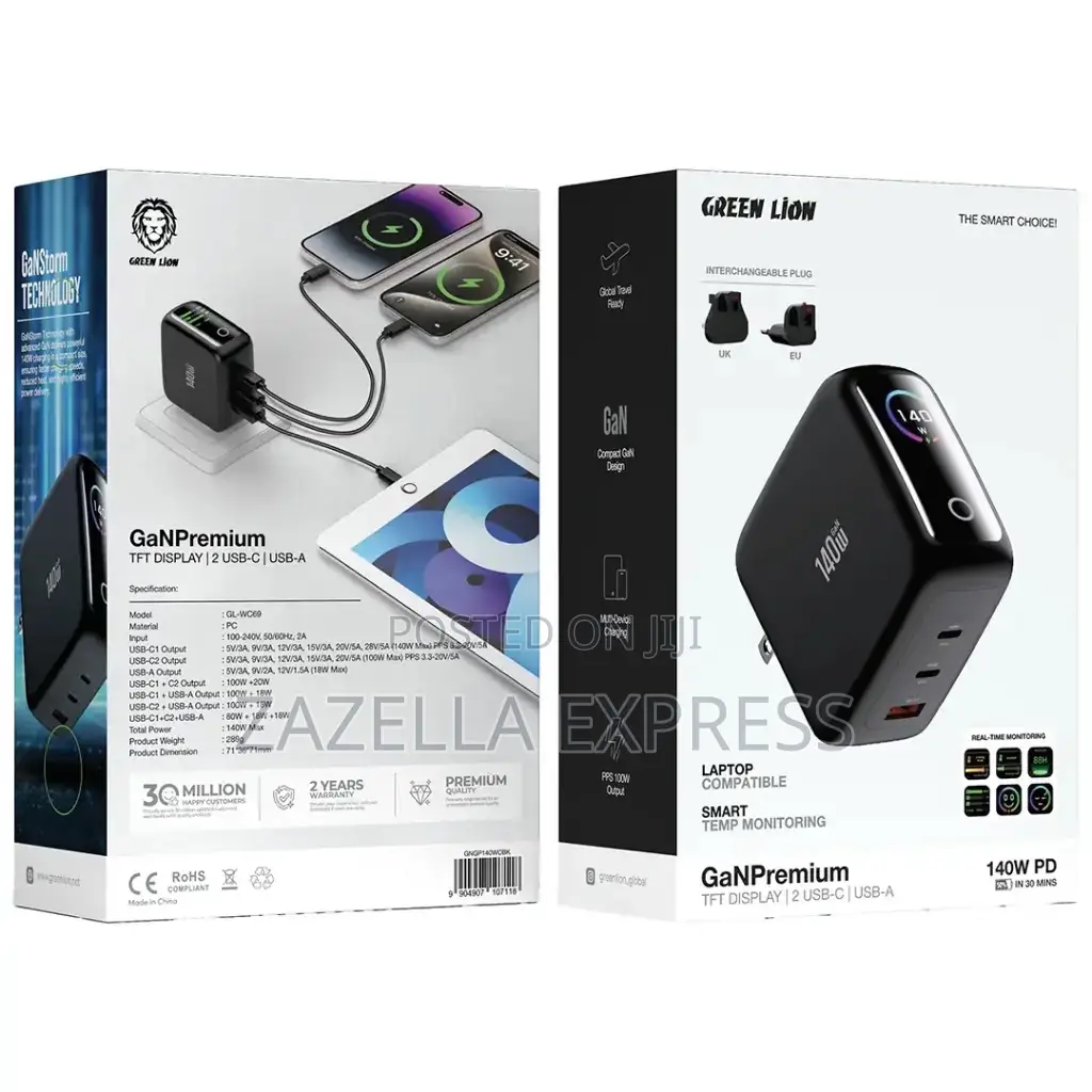 Green Lion 140w Gan Premium Adapter With TFT Display 2 Usb-C Usb-A
