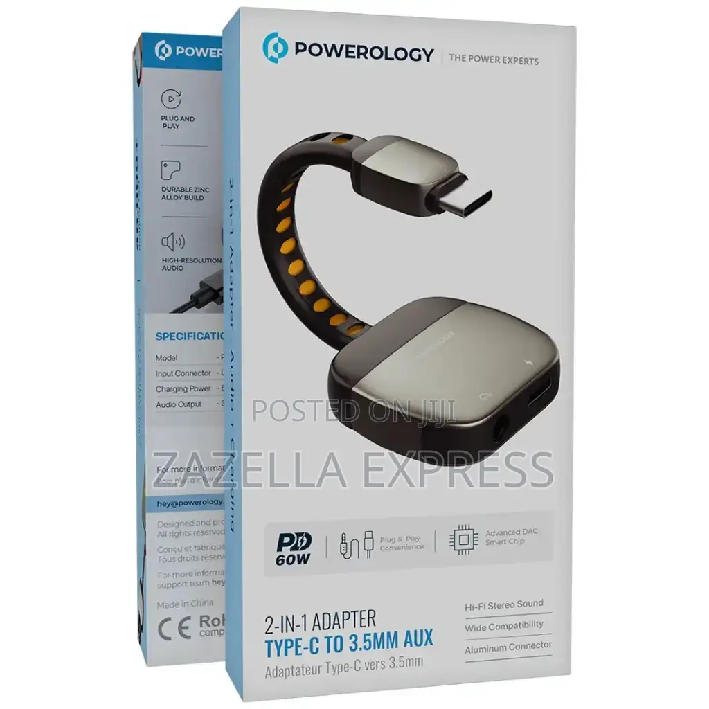 Powerology 60w Zinc Alloy Type C to 3.5mm 2in1 Adapter With Charging