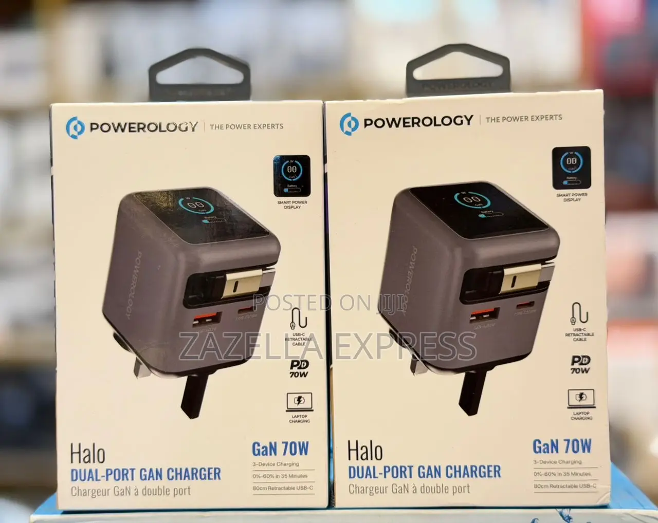 Powerology Halo Dual Port Gan Charger 70w With Retractable 80cm Cable