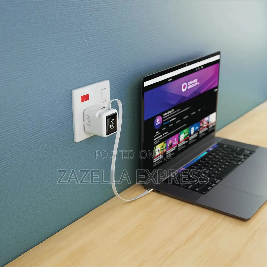 Powerology Halo Dual Port Gan Charger 70w With Retractable 80cm Cable